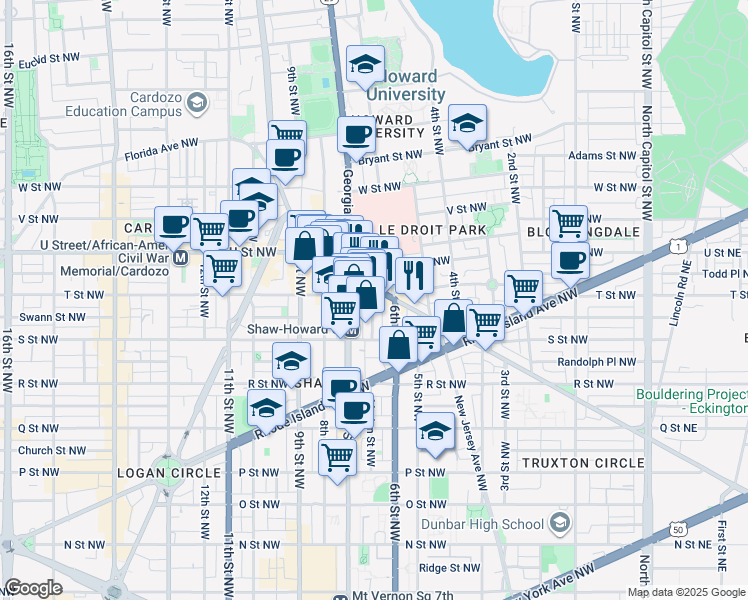 map of restaurants, bars, coffee shops, grocery stores, and more near 101 Independence Avenue Southeast in Washington