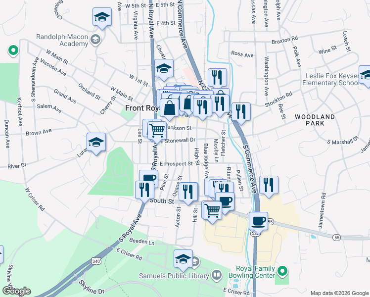 map of restaurants, bars, coffee shops, grocery stores, and more near 309 East Stonewall Drive in Front Royal