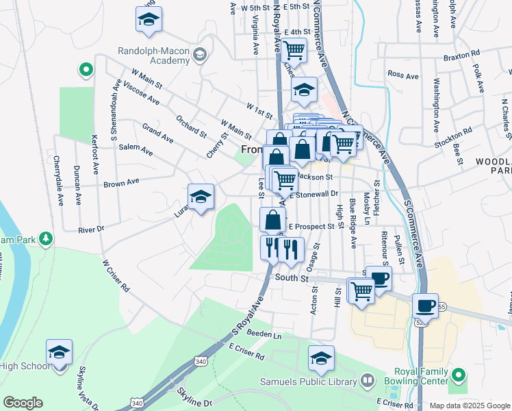 map of restaurants, bars, coffee shops, grocery stores, and more near 211 Lee Street in Front Royal