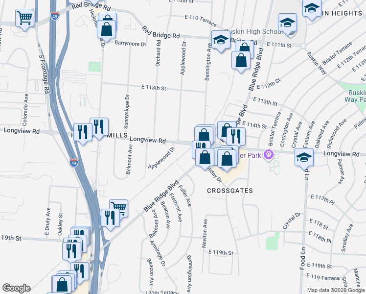 map of restaurants, bars, coffee shops, grocery stores, and more near 11425 Applewood Drive in Kansas City