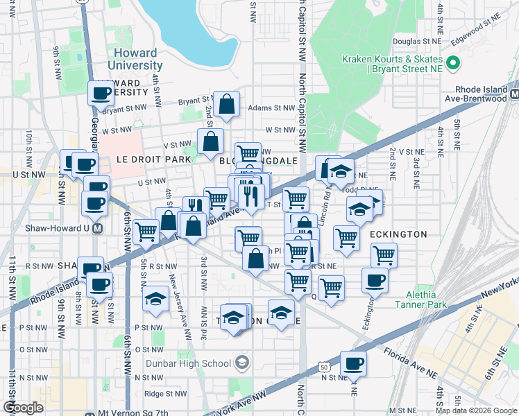 map of restaurants, bars, coffee shops, grocery stores, and more near 101 Independence Avenue Southeast in Washington