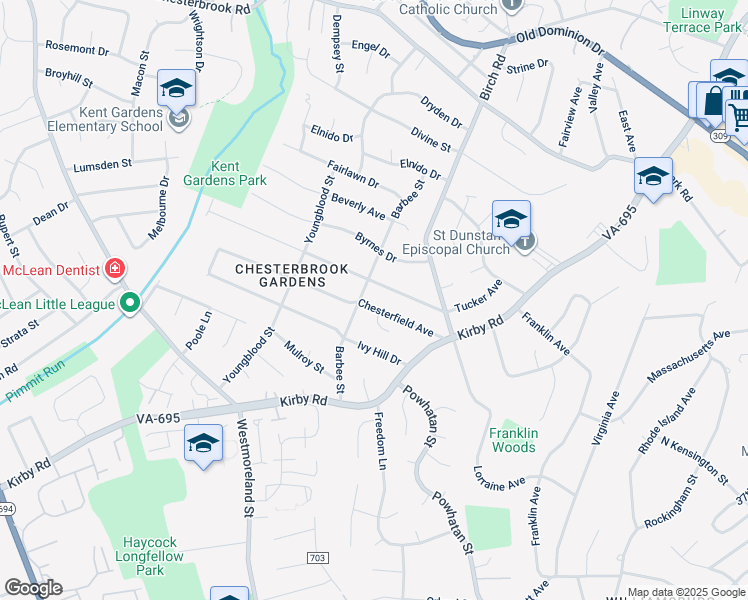 map of restaurants, bars, coffee shops, grocery stores, and more near 6522 Chesterfield Avenue in McLean