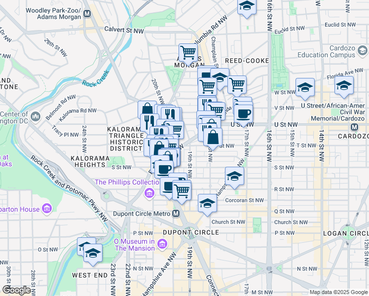 map of restaurants, bars, coffee shops, grocery stores, and more near 1908 T Street Northwest in Washington