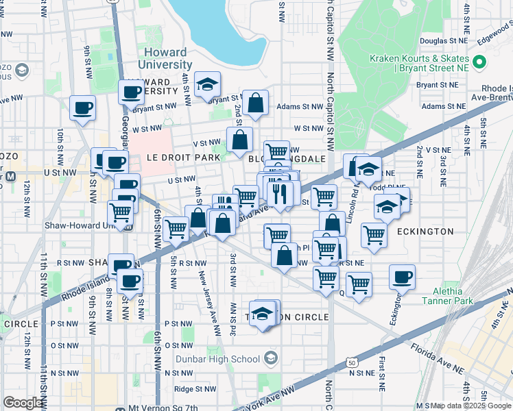 map of restaurants, bars, coffee shops, grocery stores, and more near 143 Rhode Island Avenue Northwest in Washington