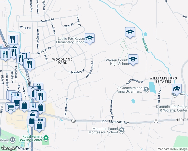 map of restaurants, bars, coffee shops, grocery stores, and more near 203 Cavalier Drive in Front Royal