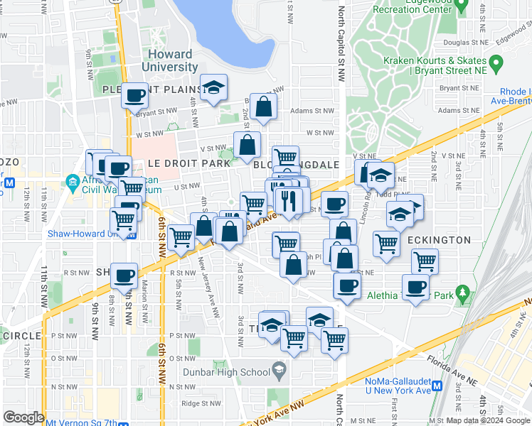 map of restaurants, bars, coffee shops, grocery stores, and more near 143 Rhode Island Avenue Northwest in Washington