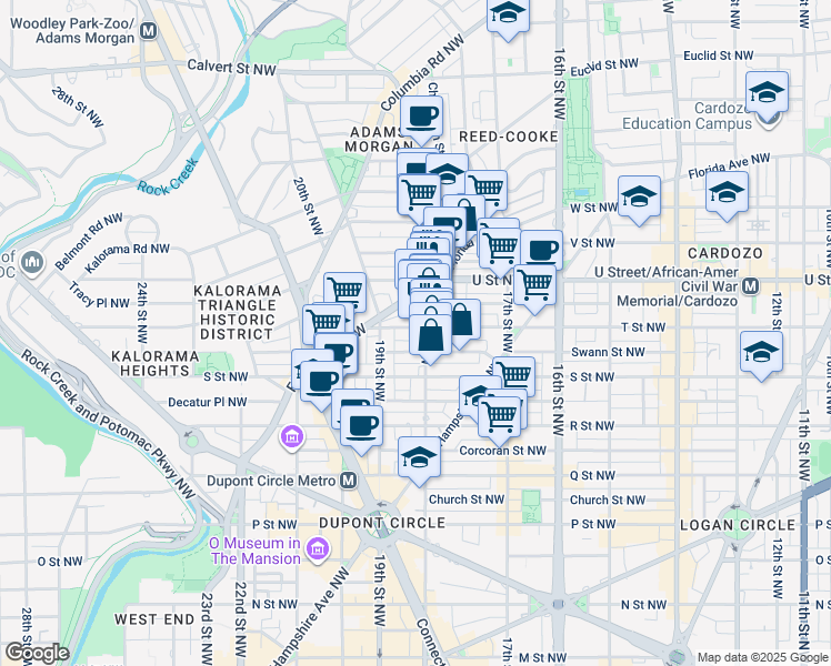 map of restaurants, bars, coffee shops, grocery stores, and more near 1822 T Street Northwest in Washington