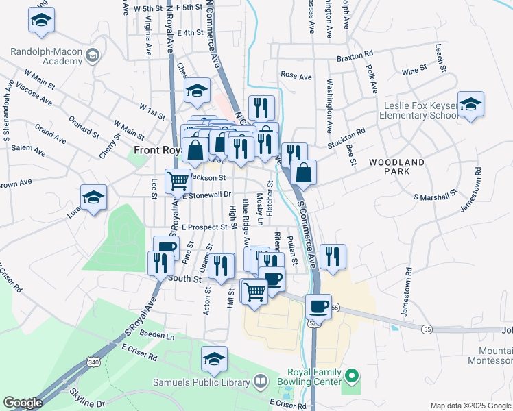 map of restaurants, bars, coffee shops, grocery stores, and more near 211 Mosby Lane in Front Royal