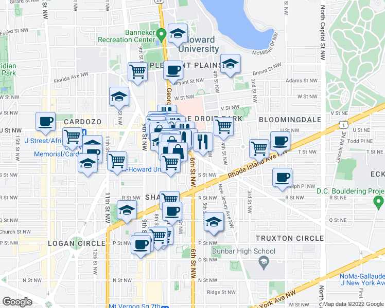 map of restaurants, bars, coffee shops, grocery stores, and more near 6th St NW & Florida Ave NW in Washington