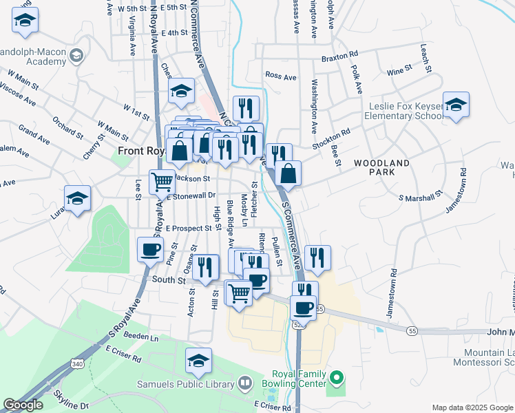 map of restaurants, bars, coffee shops, grocery stores, and more near 214 Fletcher Street in Front Royal
