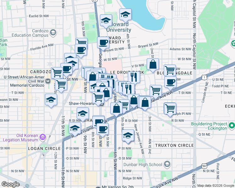 map of restaurants, bars, coffee shops, grocery stores, and more near 101 Independence Avenue Southeast in Washington