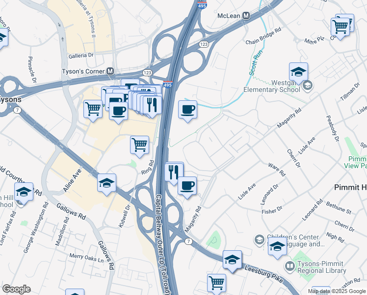 map of restaurants, bars, coffee shops, grocery stores, and more near 1810 Wilson Lane in Tysons