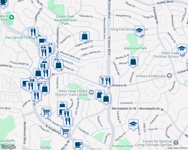 map of restaurants, bars, coffee shops, grocery stores, and more near 2730 Vickers Drive in Colorado Springs