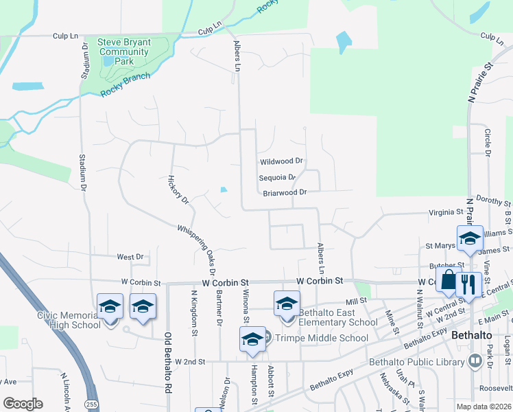 map of restaurants, bars, coffee shops, grocery stores, and more near 831 Albers Lane in Bethalto