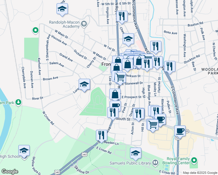 map of restaurants, bars, coffee shops, grocery stores, and more near 211 Lee Street in Front Royal