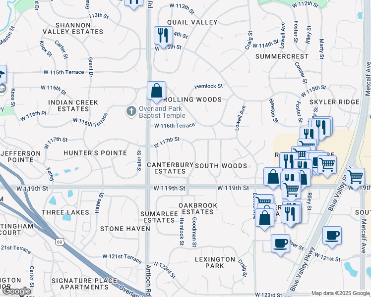 map of restaurants, bars, coffee shops, grocery stores, and more near 11701 Hadley Street in Overland Park