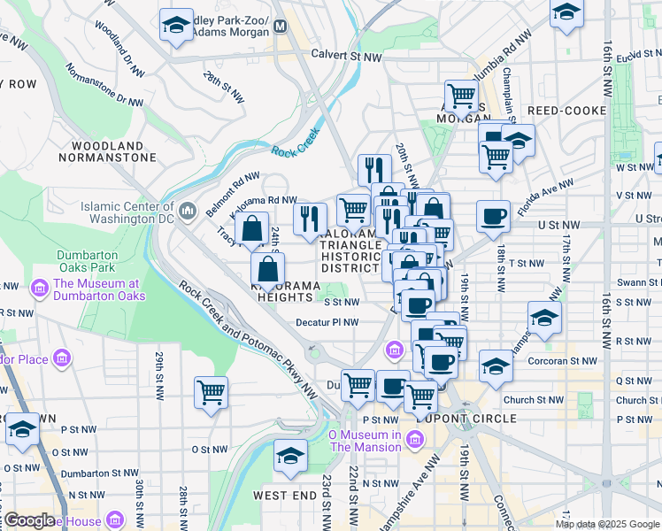 map of restaurants, bars, coffee shops, grocery stores, and more near 2230 California Street Northwest in Washington