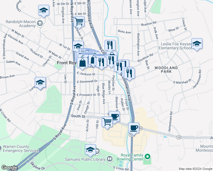 map of restaurants, bars, coffee shops, grocery stores, and more near 211 Mosby Lane in Front Royal