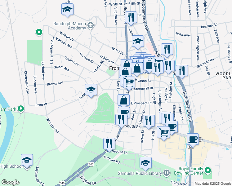 map of restaurants, bars, coffee shops, grocery stores, and more near 205 Lee Street in Front Royal