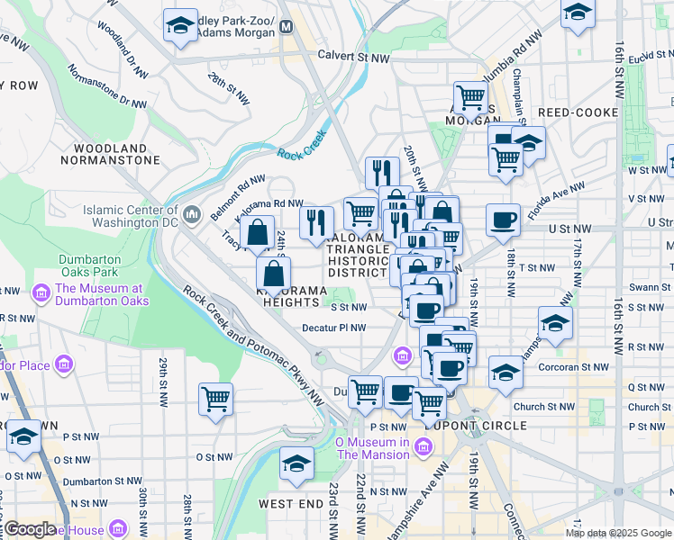 map of restaurants, bars, coffee shops, grocery stores, and more near 2230 California Street Northwest in Washington