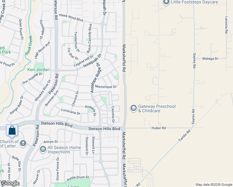 map of restaurants, bars, coffee shops, grocery stores, and more near 7679 Manistique Drive in Colorado Springs
