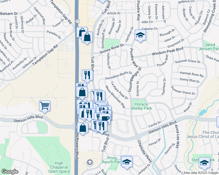 map of restaurants, bars, coffee shops, grocery stores, and more near 5815 Mesa Mountain Way in Colorado Springs