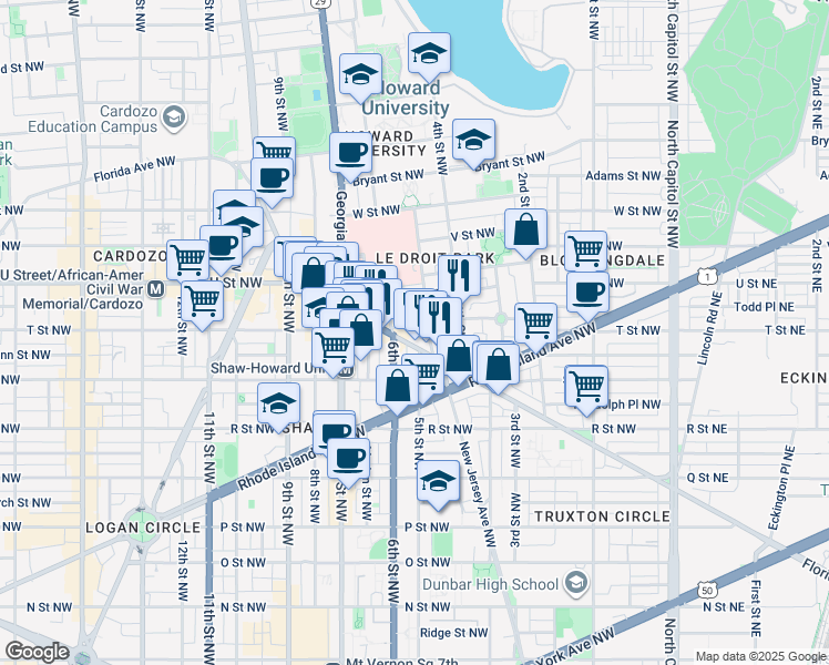 map of restaurants, bars, coffee shops, grocery stores, and more near 509 T Street Northwest in Washington