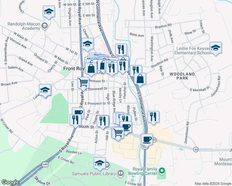 map of restaurants, bars, coffee shops, grocery stores, and more near 202 Blue Ridge Avenue in Front Royal