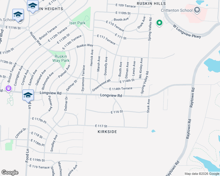 map of restaurants, bars, coffee shops, grocery stores, and more near 11401 Greenwood Road in Kansas City