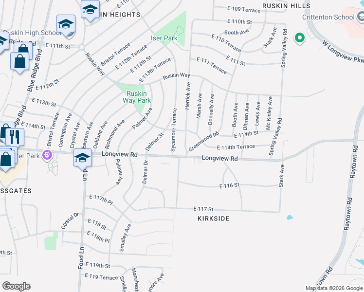map of restaurants, bars, coffee shops, grocery stores, and more near 11404 Herrick Avenue in Kansas City