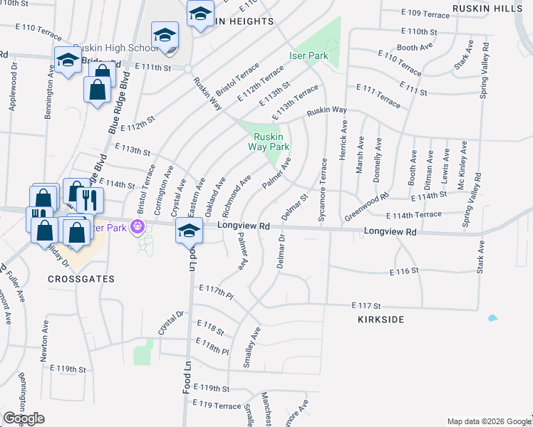 map of restaurants, bars, coffee shops, grocery stores, and more near 11419 Palmer Avenue in Kansas City