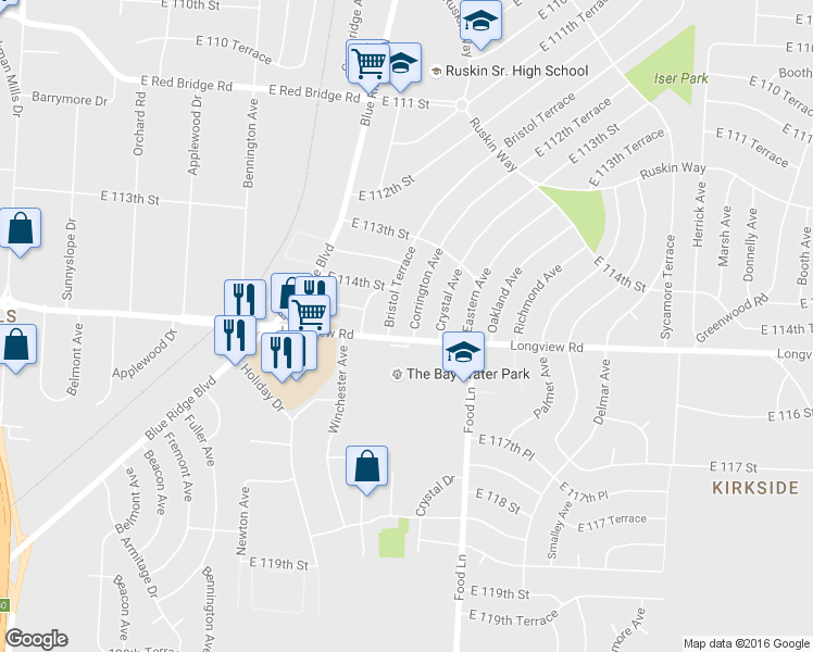 map of restaurants, bars, coffee shops, grocery stores, and more near 11411 Corrington Avenue in Kansas City