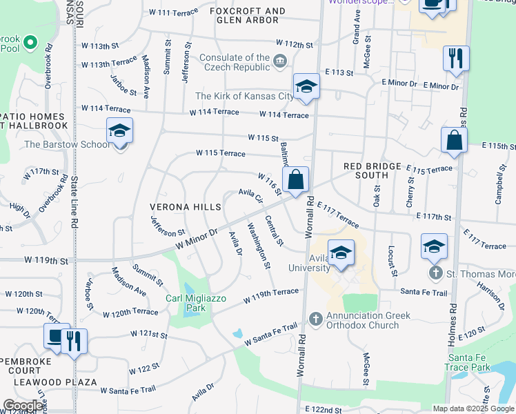 map of restaurants, bars, coffee shops, grocery stores, and more near 204 Avila Circle in Kansas City