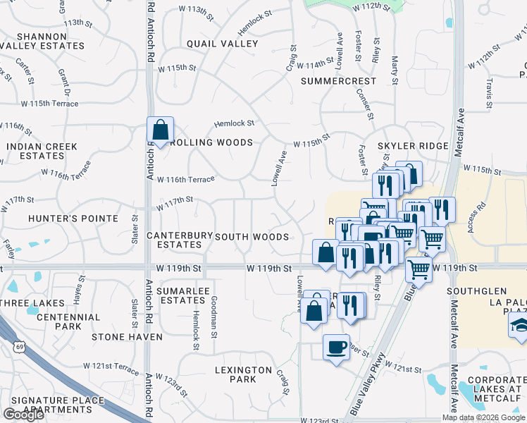 map of restaurants, bars, coffee shops, grocery stores, and more near 8001 West 117th Street in Overland Park