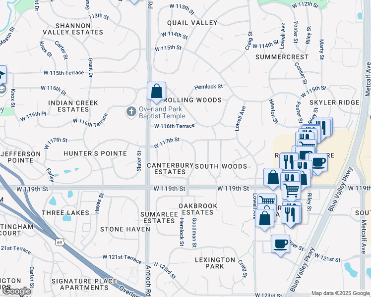 map of restaurants, bars, coffee shops, grocery stores, and more near 11701 Hadley Street in Overland Park