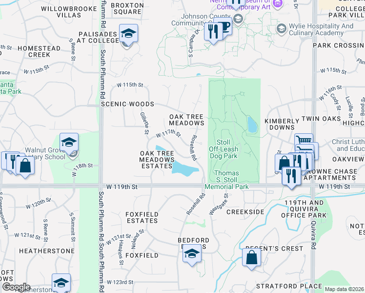 map of restaurants, bars, coffee shops, grocery stores, and more near 12715 West 117th Street in Overland Park