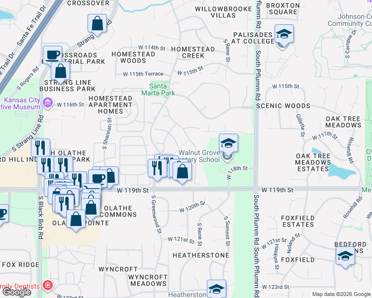 map of restaurants, bars, coffee shops, grocery stores, and more near 14066 West 117th Street in Olathe