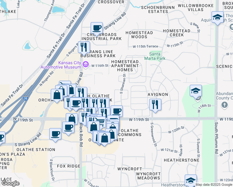 map of restaurants, bars, coffee shops, grocery stores, and more near 11750 South Shannan Street in Olathe