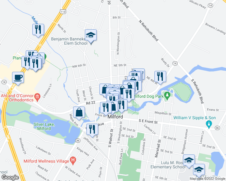 map of restaurants, bars, coffee shops, grocery stores, and more near 119 North Walnut Street in Milford