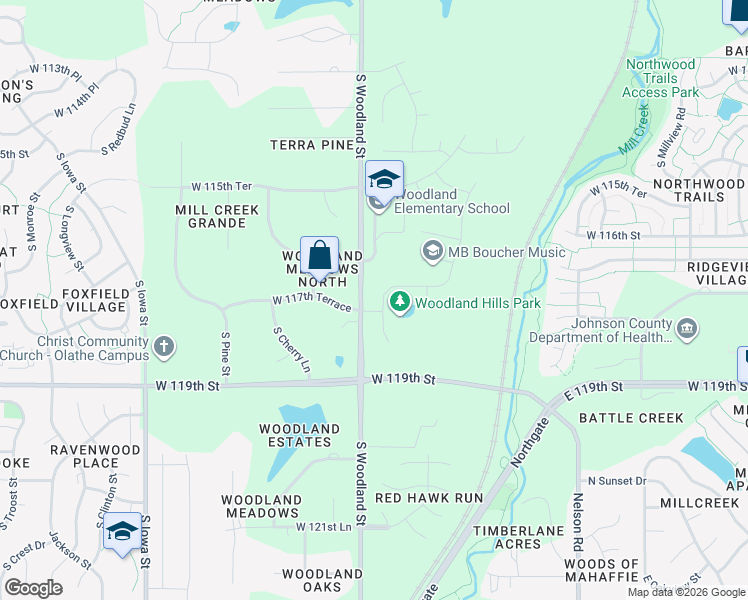 map of restaurants, bars, coffee shops, grocery stores, and more near 19824 West 116th Terrace in Olathe
