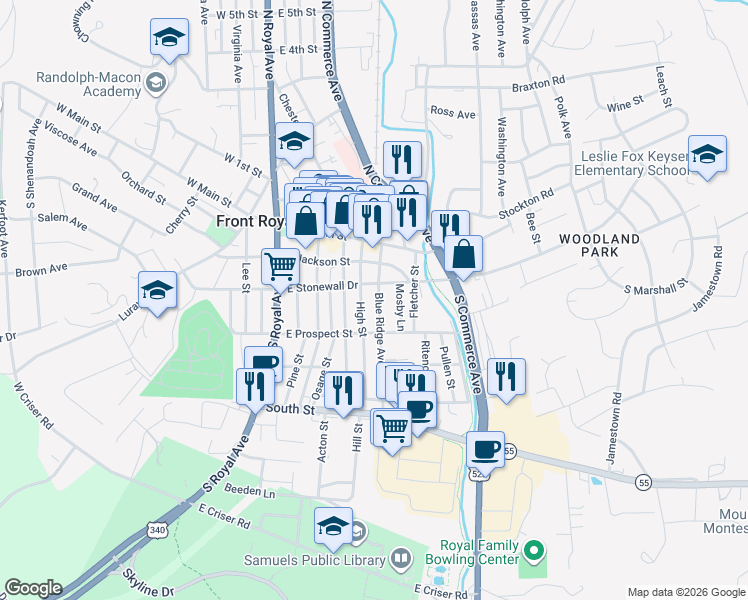 map of restaurants, bars, coffee shops, grocery stores, and more near 202 Blue Ridge Avenue in Front Royal