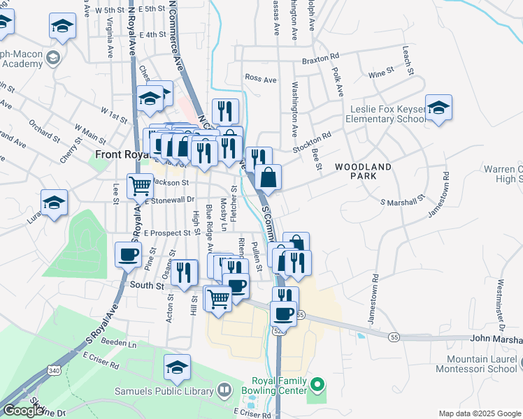 map of restaurants, bars, coffee shops, grocery stores, and more near 604 Radham Street in Front Royal
