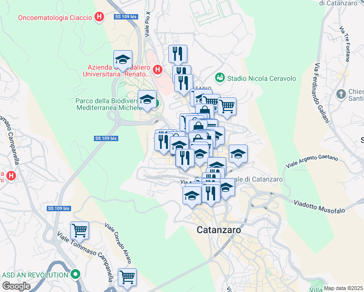 map of restaurants, bars, coffee shops, grocery stores, and more near Traversa Antonino Panella in Catanzaro