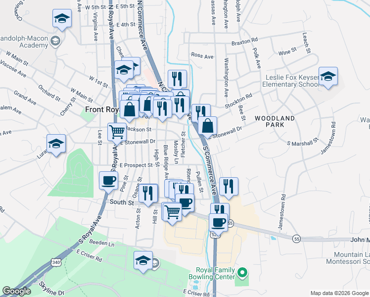 map of restaurants, bars, coffee shops, grocery stores, and more near 212 Fletcher Street in Front Royal