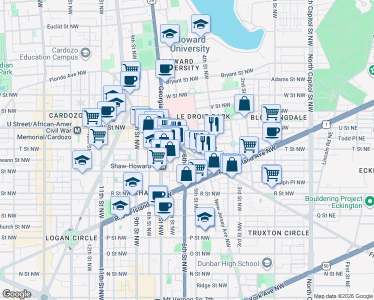 map of restaurants, bars, coffee shops, grocery stores, and more near 101 Independence Avenue Southeast in Washington