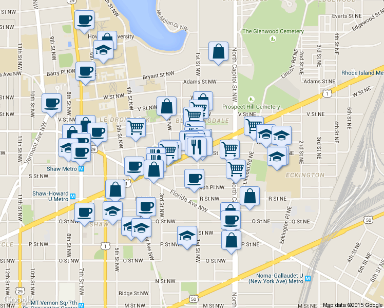 map of restaurants, bars, coffee shops, grocery stores, and more near Rhode Island Avenue Northwest & T Street Northwest in Washington