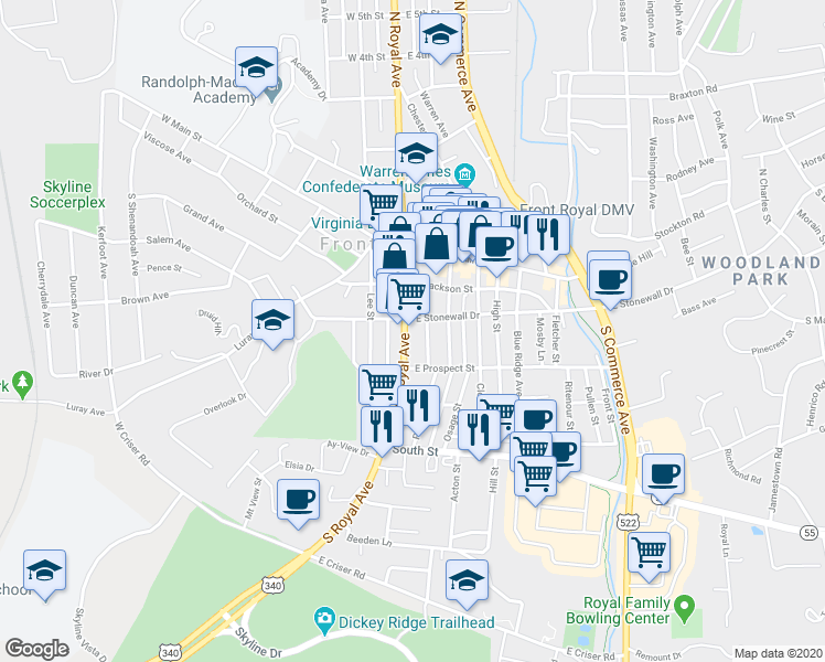 map of restaurants, bars, coffee shops, grocery stores, and more near 206 South Royal Avenue in Front Royal