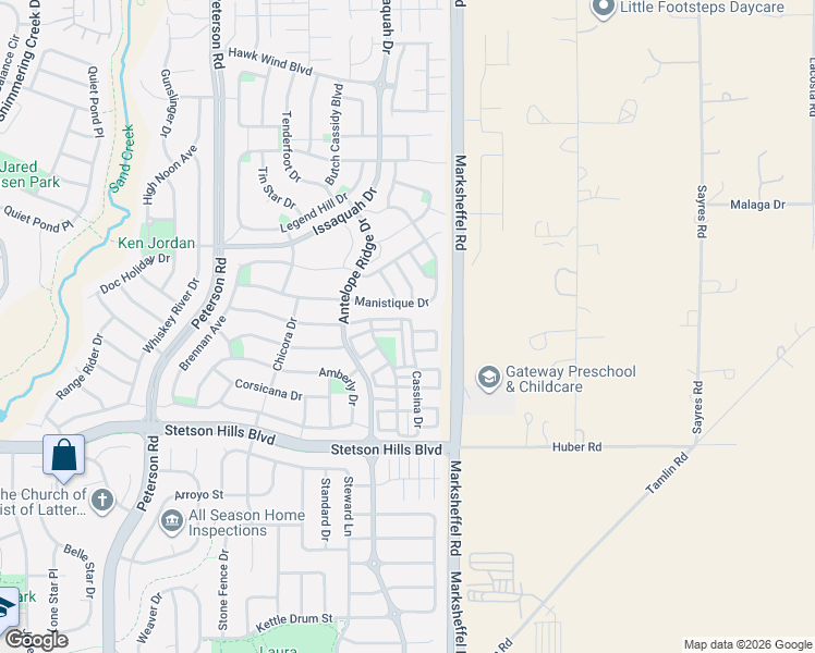 map of restaurants, bars, coffee shops, grocery stores, and more near 5794 Cassina Drive in Colorado Springs