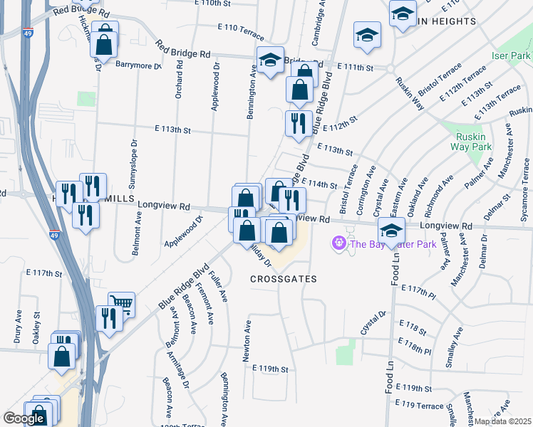 map of restaurants, bars, coffee shops, grocery stores, and more near Blue Ridge Blvd & Longview Rd in Kansas City