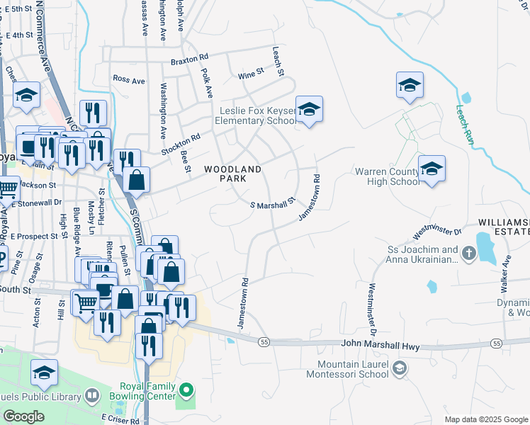 map of restaurants, bars, coffee shops, grocery stores, and more near 75 South Marshall Street in Front Royal